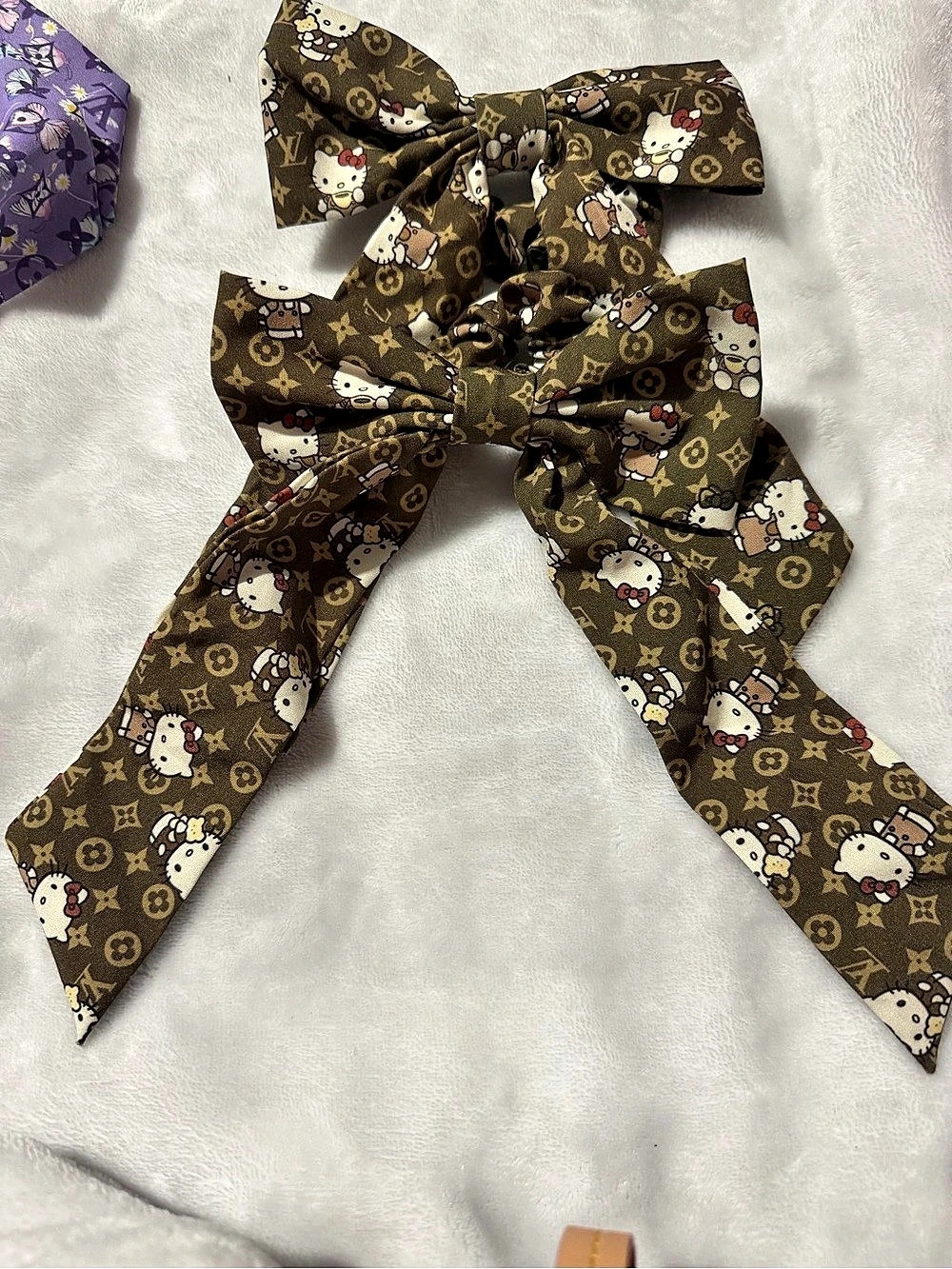2 Brown Pattern Hair Bow Scrunchie w Cute Cat Pattern